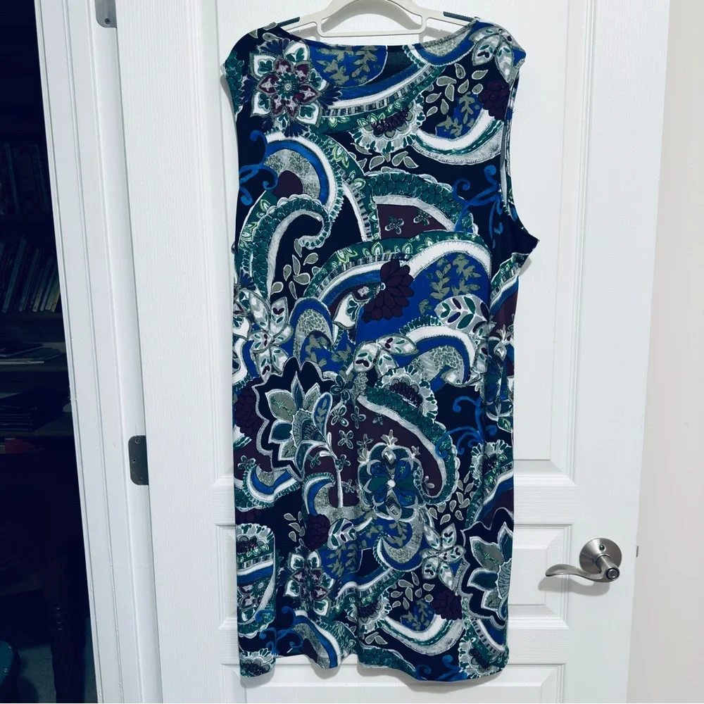 NWOT Chico’s Sleeveless Paisley Print Shift Dress Blue Green Stretch Size 3 - Picture 11 of 15